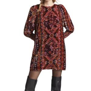 By Anthropologie Printed Velvet Long-Puff-Sleeve Lace-Up Back Mini Shift Dress
